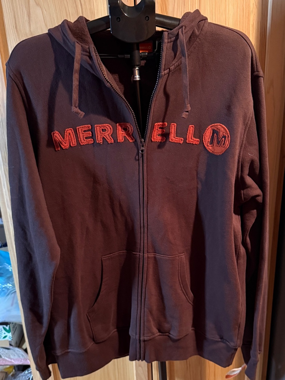 Merrell Men's Zip-Up Hoodie in Dark Brown with Red Logo